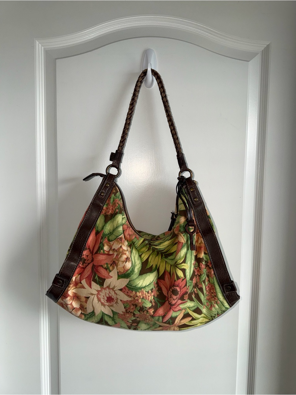 Vintage Fossil Floral Canvas Leather Hobo Bag Braided Strap Boho Y2K Purse